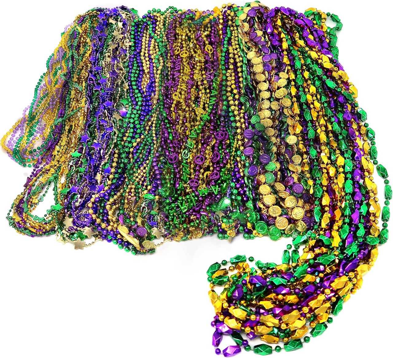 4E's Novelty Bead Assortment Mardi Gras Bulk (100 Pcs) - Metallic Purple, Gold, Green Necklaces, Unique Designs, Party Favors